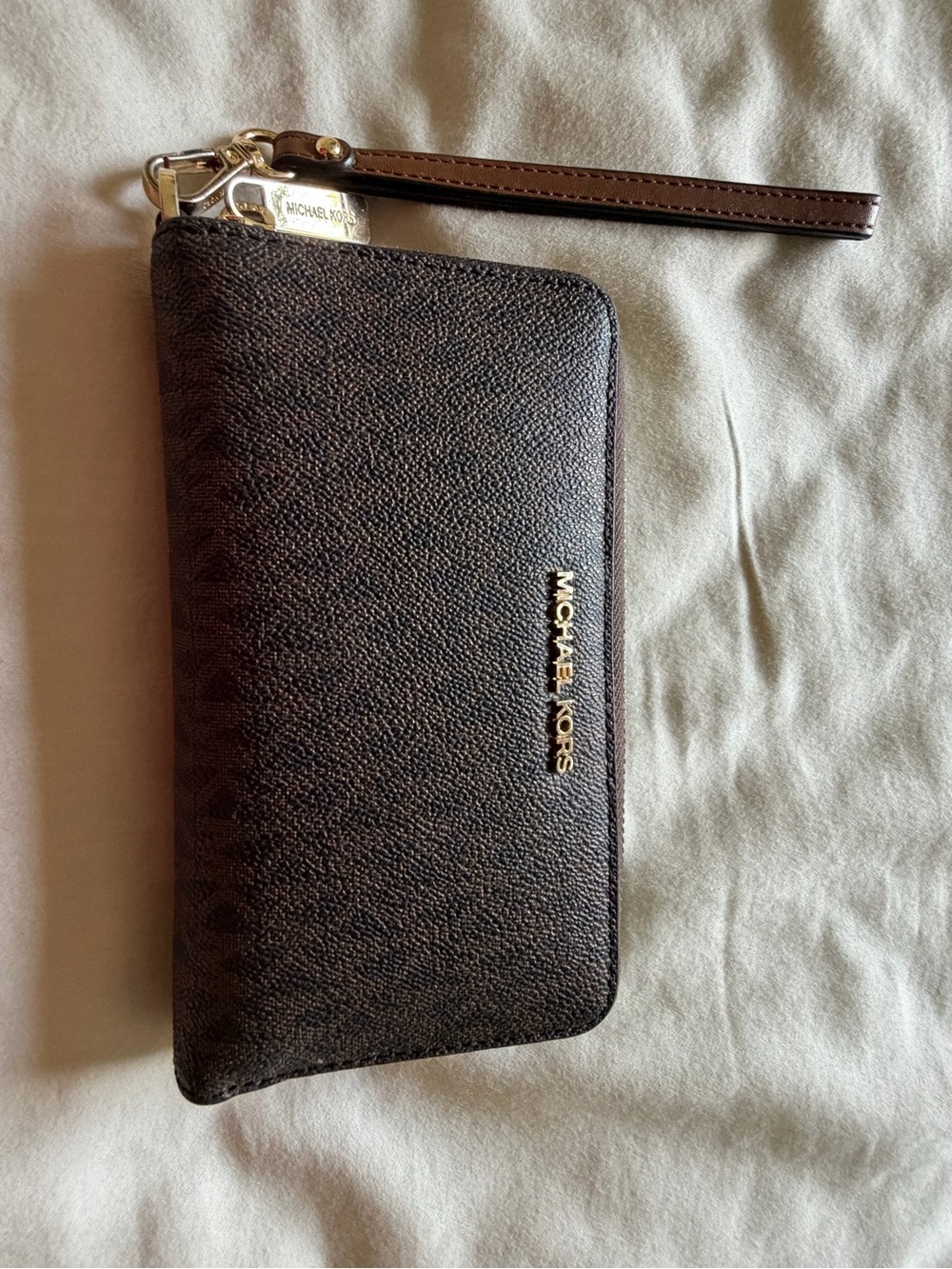 Authentic Michael Kors Dark Brown Zip-Around Wristlet Wallet with Gold Logo